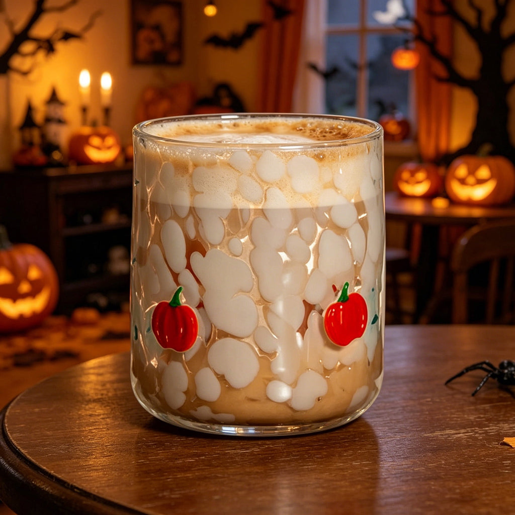 Qocolcyl Halloween Icon Glass Cups - 3.5x4.7in Ghost Bat Snake Pumpkin Icon Juice Stemless Wine Glasses Double Old Fashioned Hand Blown Drinking Cups for Halloween Party Gift