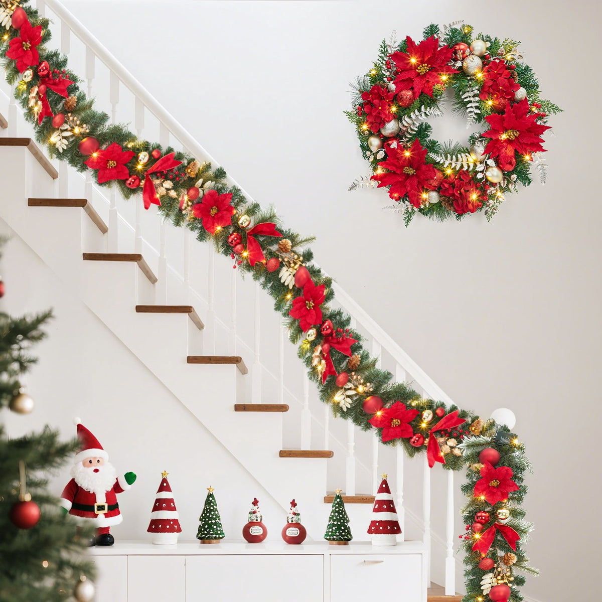 JoanKaren 24 inch Large Christmas Wreath Silver White with 20 LED Lights,Prelit Xmas Wreath w/ Ball Ornaments Pine Cone