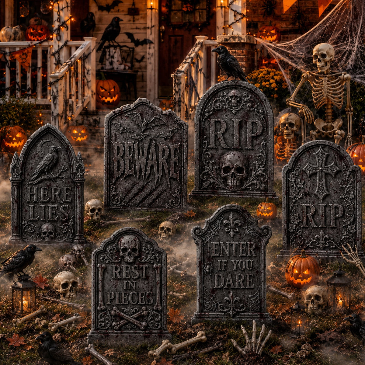 Yalumo Halloween Tombstones Decor, 6 Pack 17 Inch Plastic Halloween Gravestone Yard Signs with Stakes, Spooky Tombstones for Yard, Lawn, Porch & Outdoor Party Decor