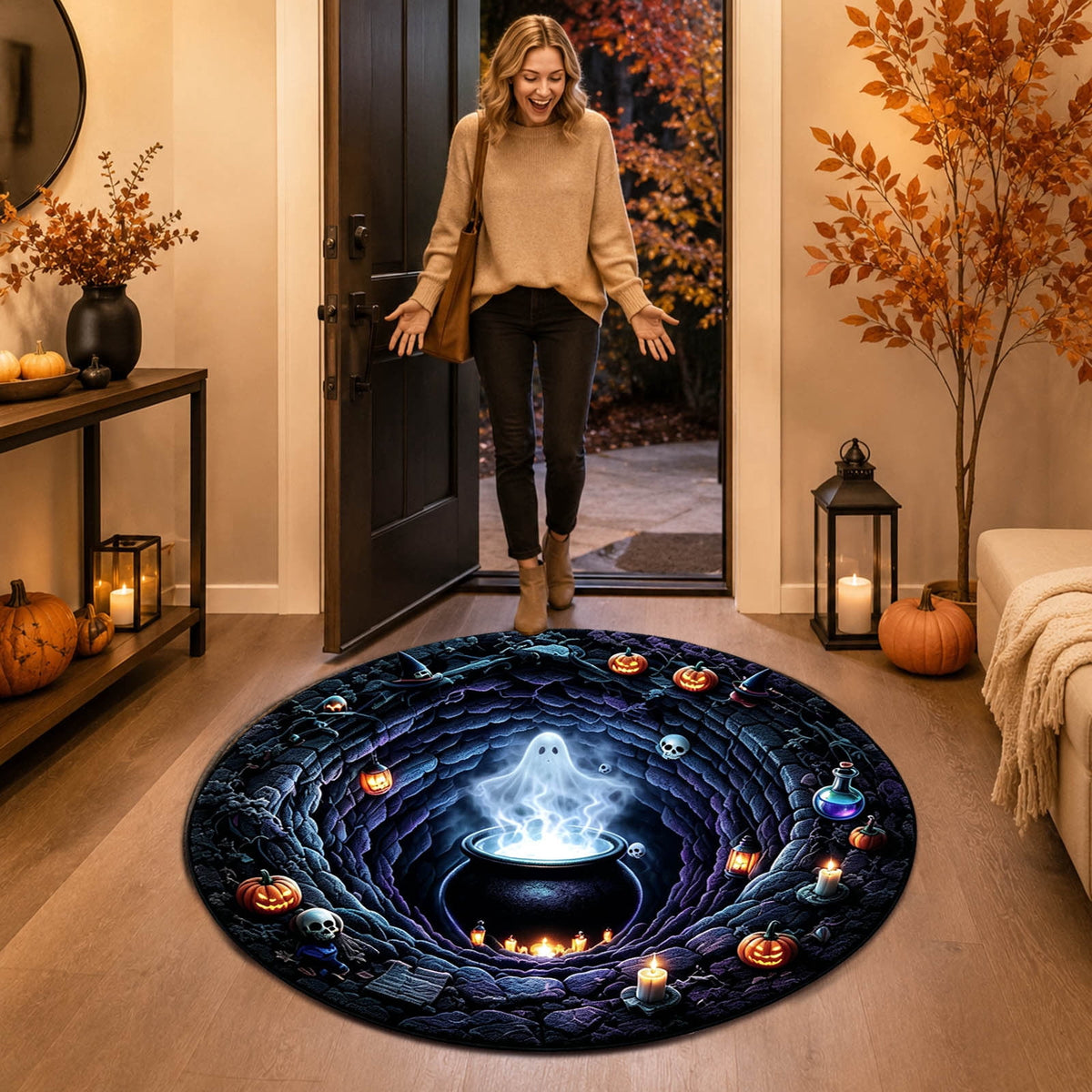 Win s Way 3D Illusion Round Halloween Rug Optical Illusion Doormat Non- Washable Entryway Decor Spooky Fall Front Door Mat for Party Decoration Available in 15.8/23.6/31.5 Inch