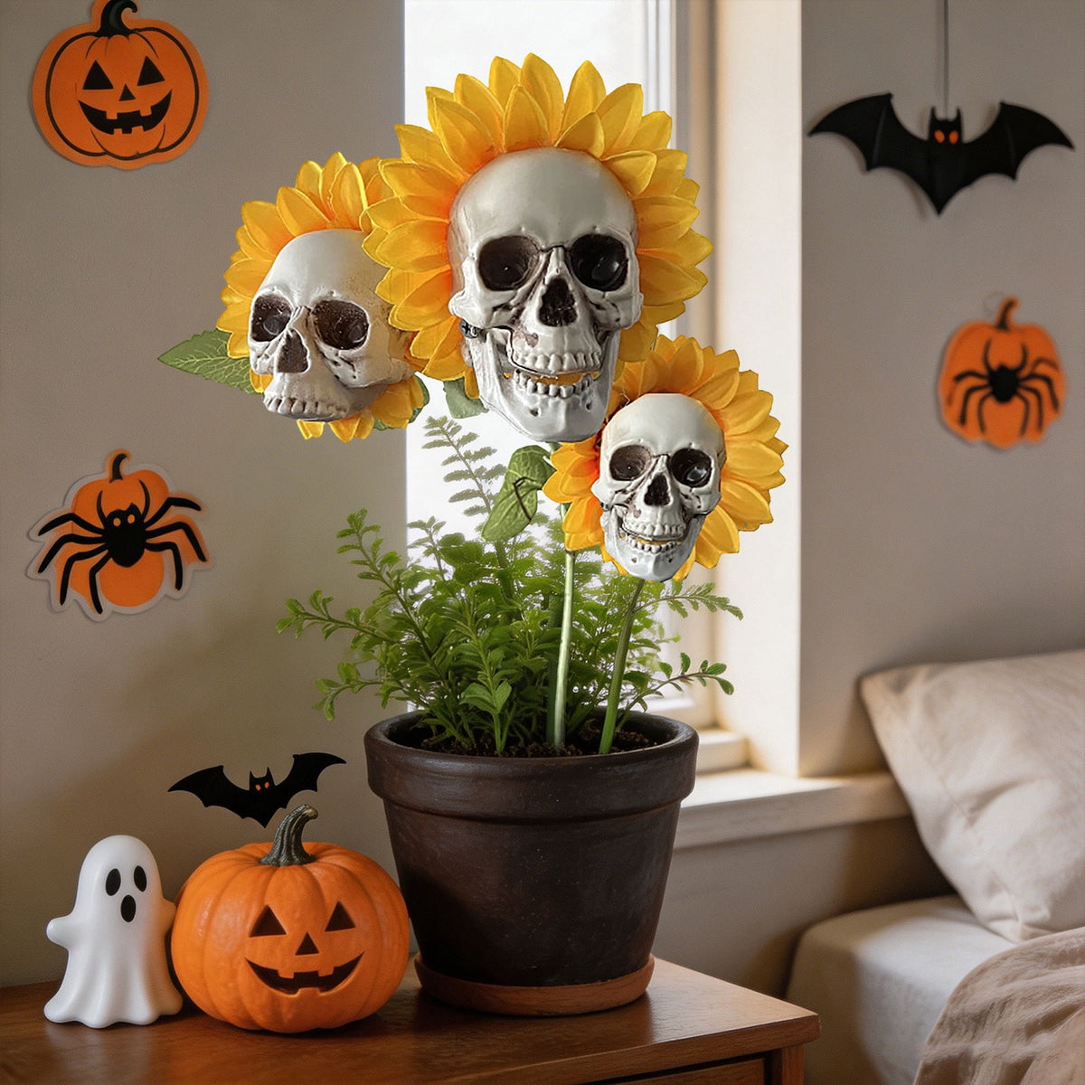 Halloween Artificial Rose Flower with Skull Head, Fake Silk Rose Bouquet, Red or Black Roses with Mini Skull