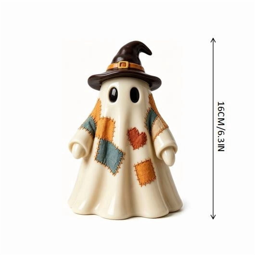 Halloween Ghost Figurine, Ghost Girl with Pink Bow & Hot Drink, Funny Ghost Statue Halloween Decor for Gift, Cute Spooky Tabletop Ornament for Home, Mantle, Desk & Party Decoration