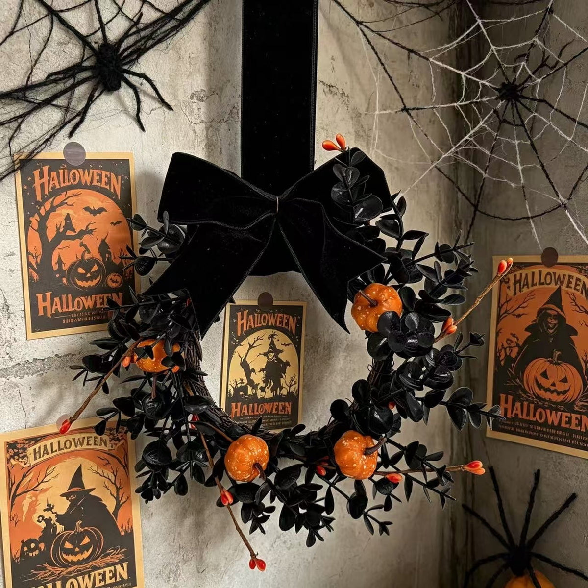 XEAZON 1/2/4 Pcs Halloween Wreaths 9" Artificial Hallowee Wall Cabinet Decor Mini Wreath with Pumpkin and Velvet Bow, Gothic Kitchen Cabinet Wreaths for Front Door Cabinets Window Wall Holiday Decor