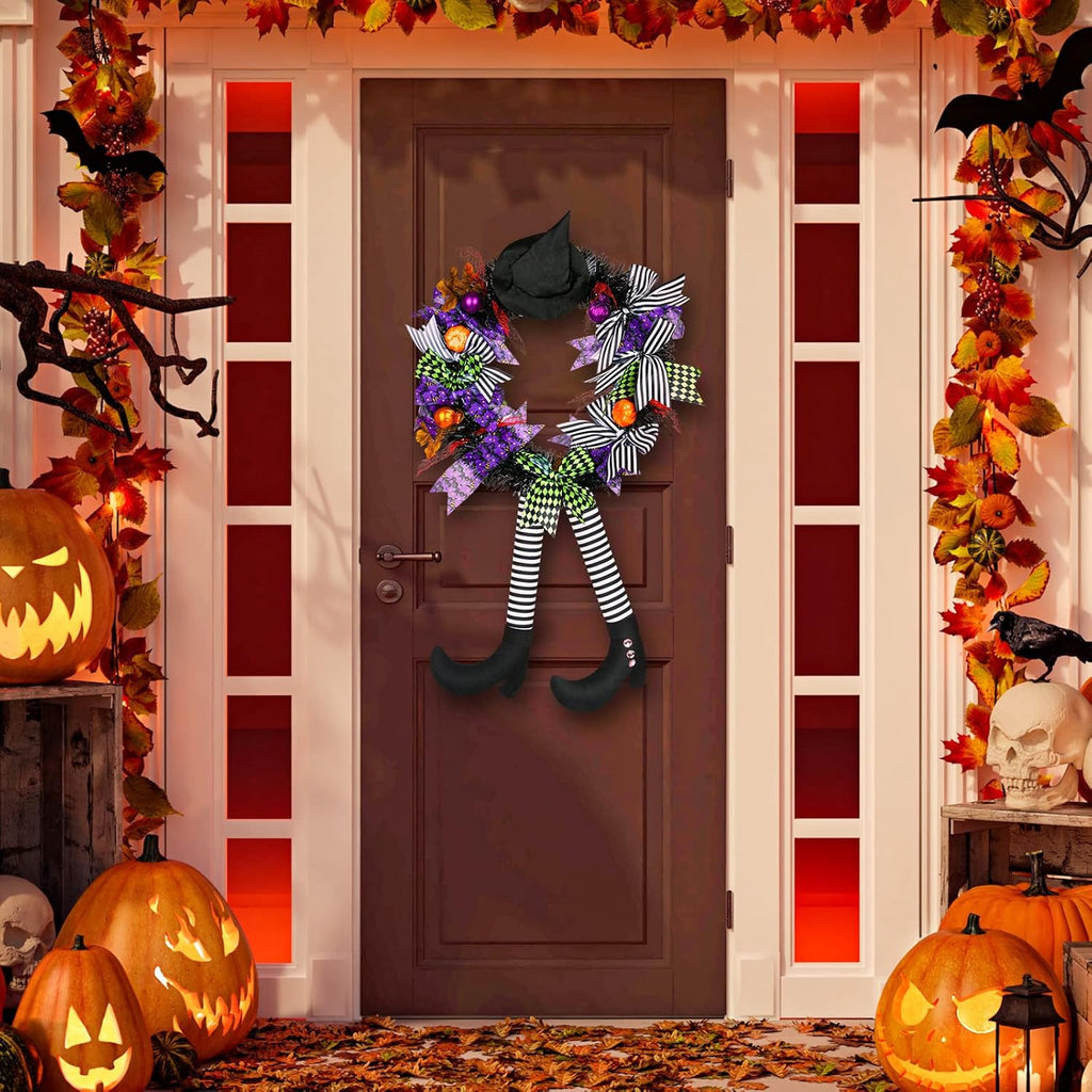 Halloween Wreath, 24Inch Halloween Wreaths for Front Door, Halloween Door Wreath with Hat Witches Legs and Pumpkin, Halloween Decorations for Front Door,Window,Indoor