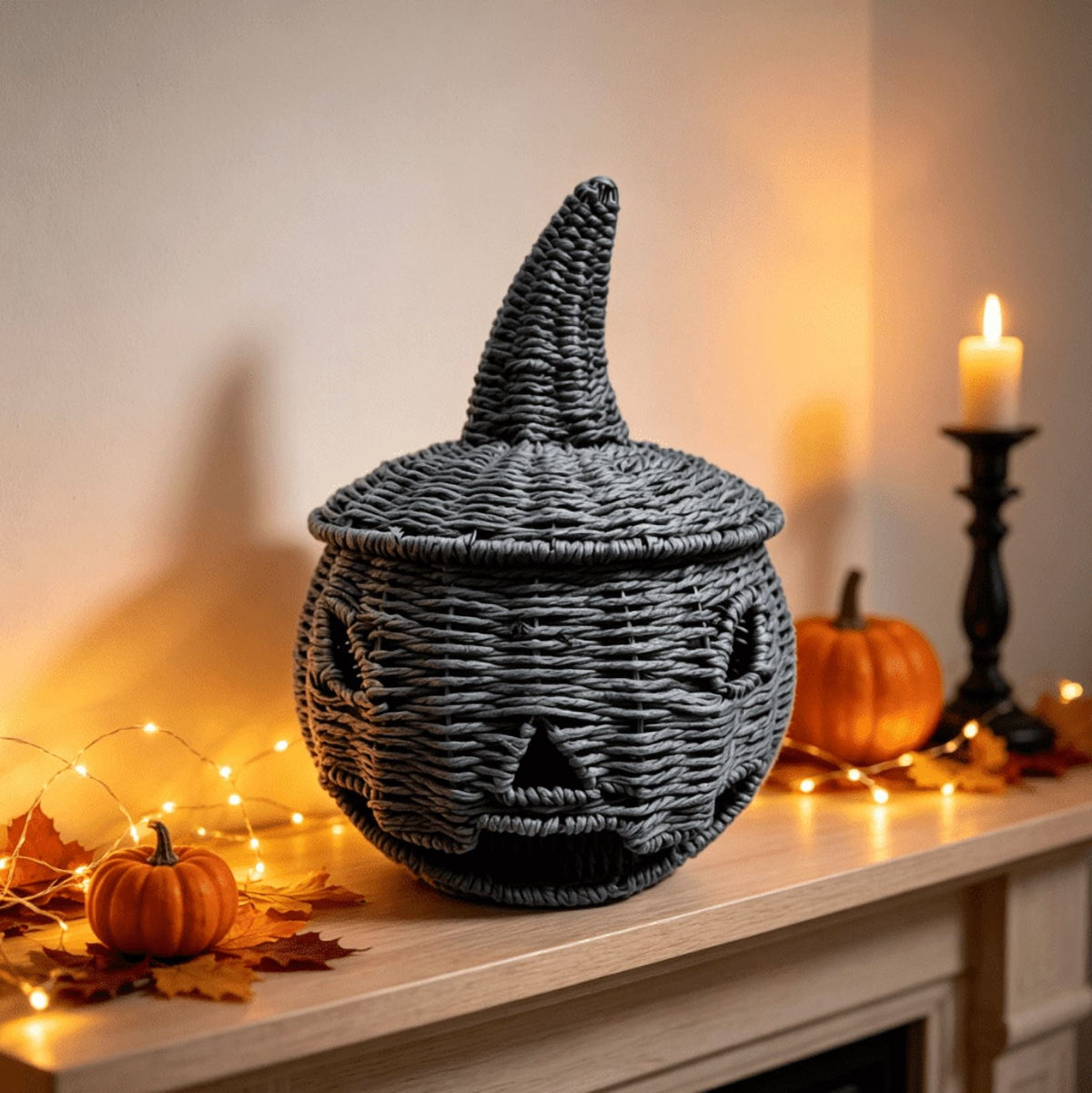 THOPBPRK 2026 Black Halloween Woven Pumpkin Jack-O'-Lantern, Halloween Decorations Pumpkin, USE LED Candle, Rattan Fall Halloween Decor for Home, 1Pack 11.8 Inch A