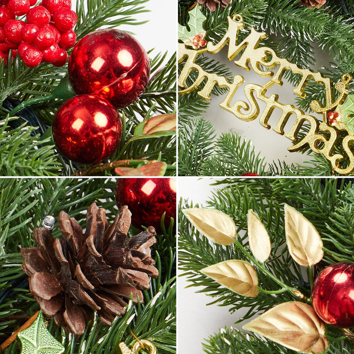 JoanKaren 24 inch Large Christmas Wreath Silver White with 20 LED Lights,Prelit Xmas Wreath w/ Ball Ornaments Pine Cone