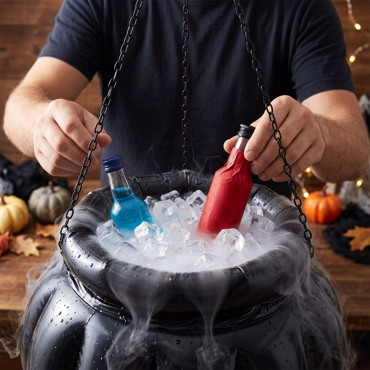 JHRGJIO Inflatable Witch Cauldron Cooler Stand Base, Hanging Pumpkin Ice Bucket with Mist Maker Fog Effect, Halloween Party Drink Chiller for Backyard Patio Outdoor Use