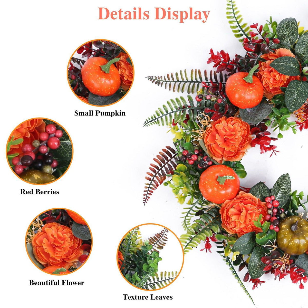 17.71 Inch Autumn Wreath with Pumpkin Leaves and Berries for Halloween Thanksgiving