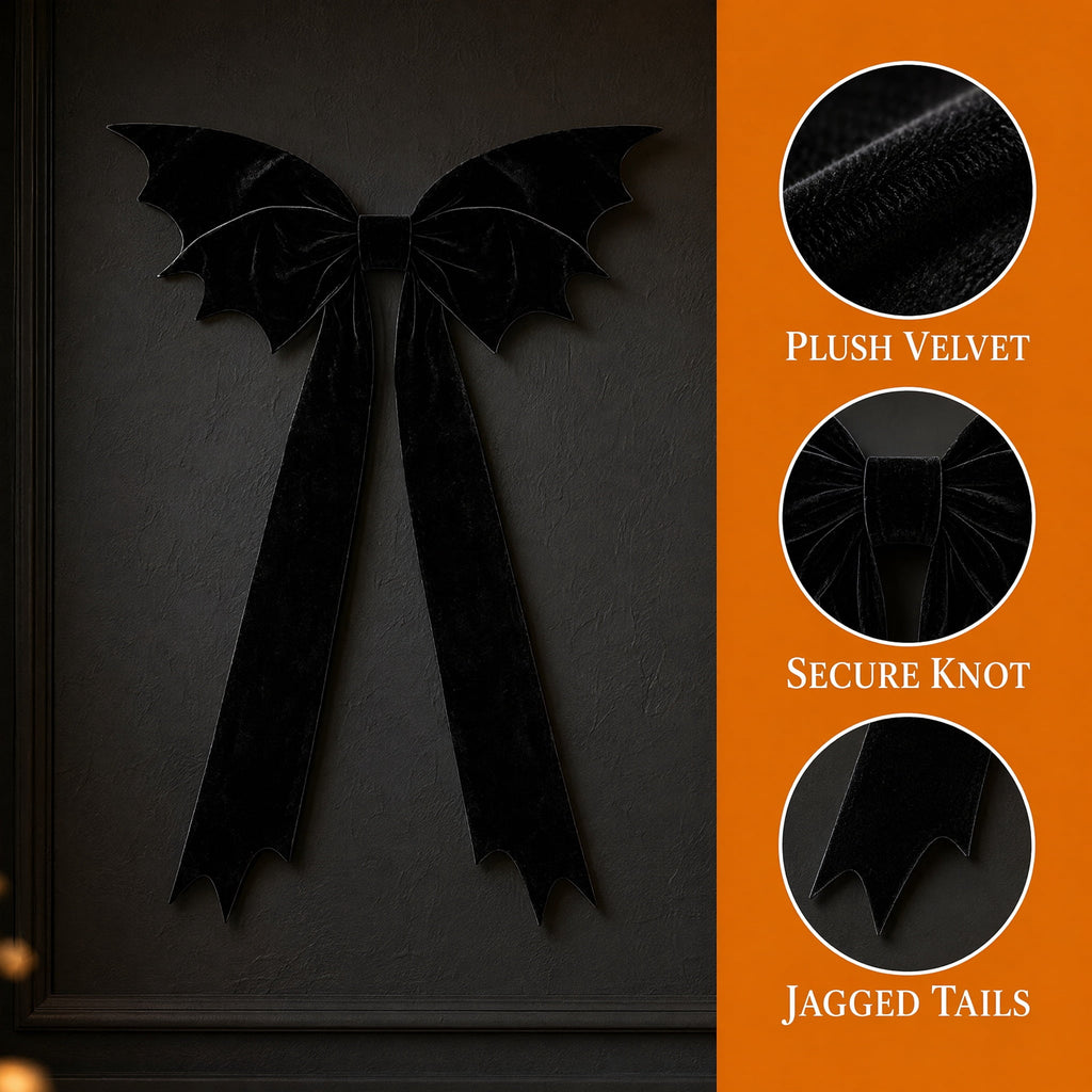 Halloween Decor, Black Bow, Giant Velvet Halloween Bow, Black Bat Wing Decor, Spooky Gothic Tree Topper for Front Door Wreath Suitable for Hanging on Doors and Fireplaces