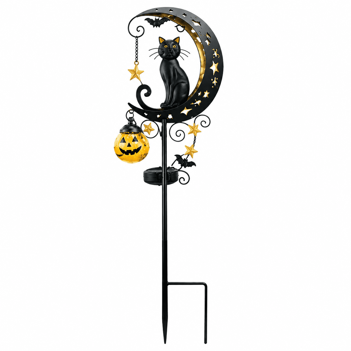 Halloween Crescent Moon Pumpkin Solar Stake Light, Star Hollow Cutout Ground Lamp, Anti Rust Halloween Decorations Party for Yard Walkway black