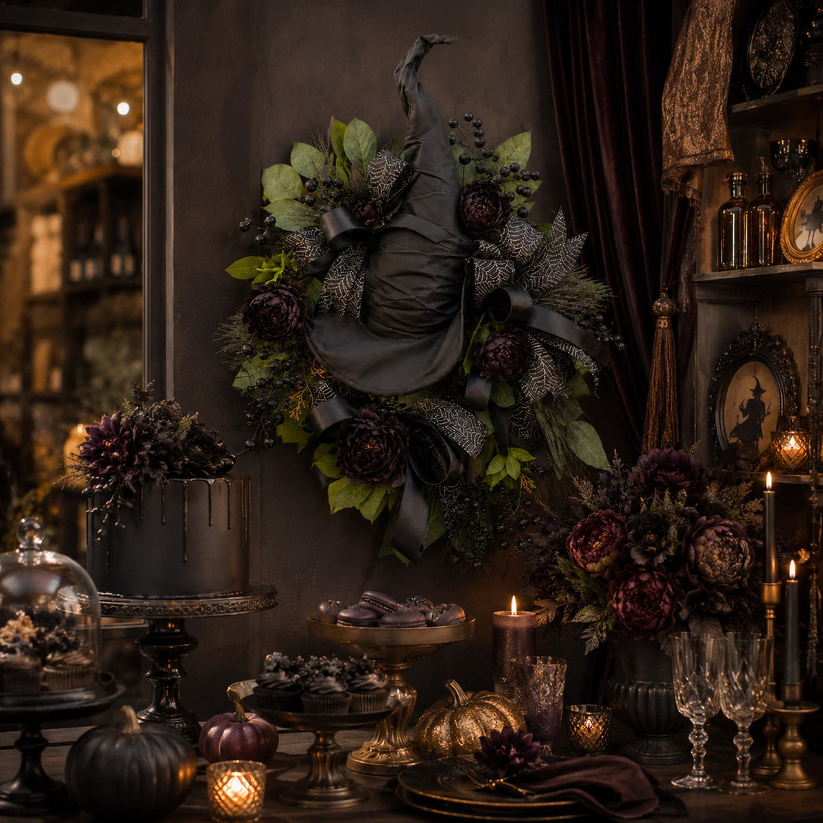 WWC Halloween Wreath, Artificial Silk Bats And Skulls Wreath, Gothic Halloween Decor for Fall Party Front Door Porch Mantel