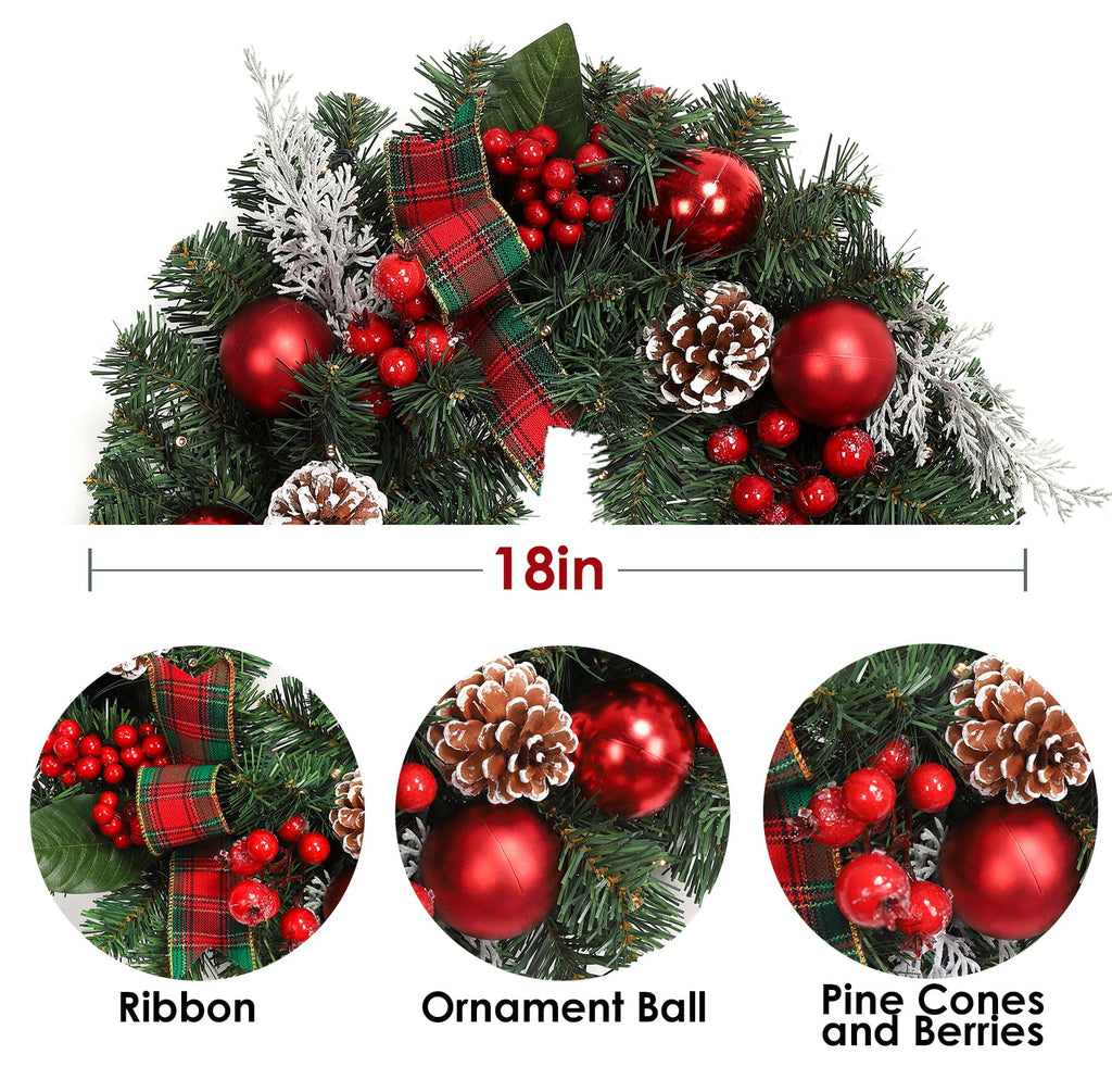 JoanKaren 24 inch Large Christmas Wreath Silver White with 20 LED Lights,Prelit Xmas Wreath w/ Ball Ornaments Pine Cone