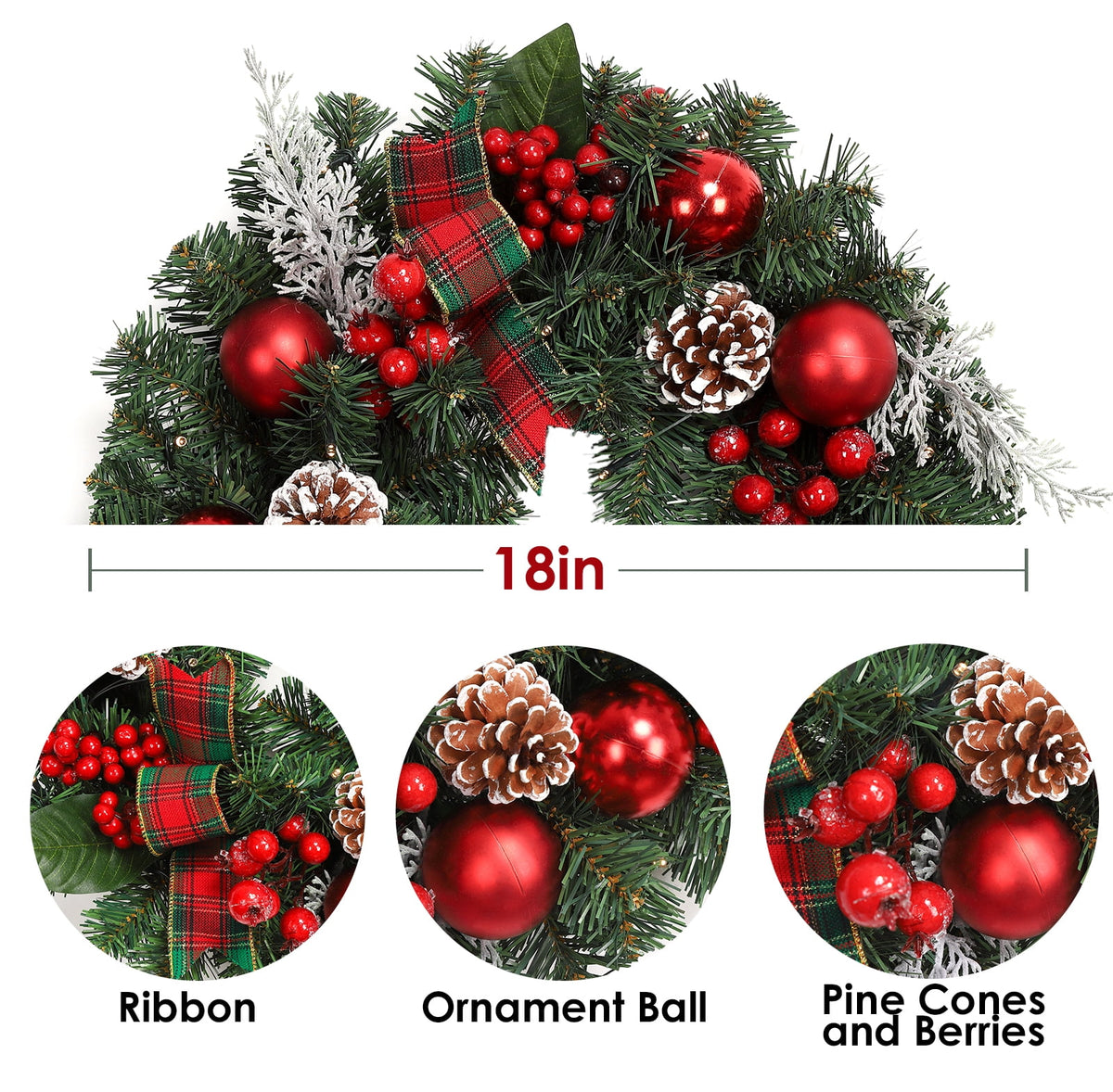 JoanKaren 24 inch Large Christmas Wreath Silver White with 20 LED Lights,Prelit Xmas Wreath w/ Ball Ornaments Pine Cone
