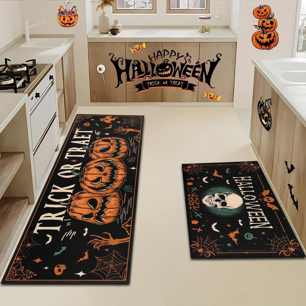 Halloween Kitchen Rugs and Mats Ghost Pumpkin Non Slip Washable Kitchen Mats for Floor Vintage Skull Home Door Mat Sets of 2 Decorations 17"x30"+17"x47"