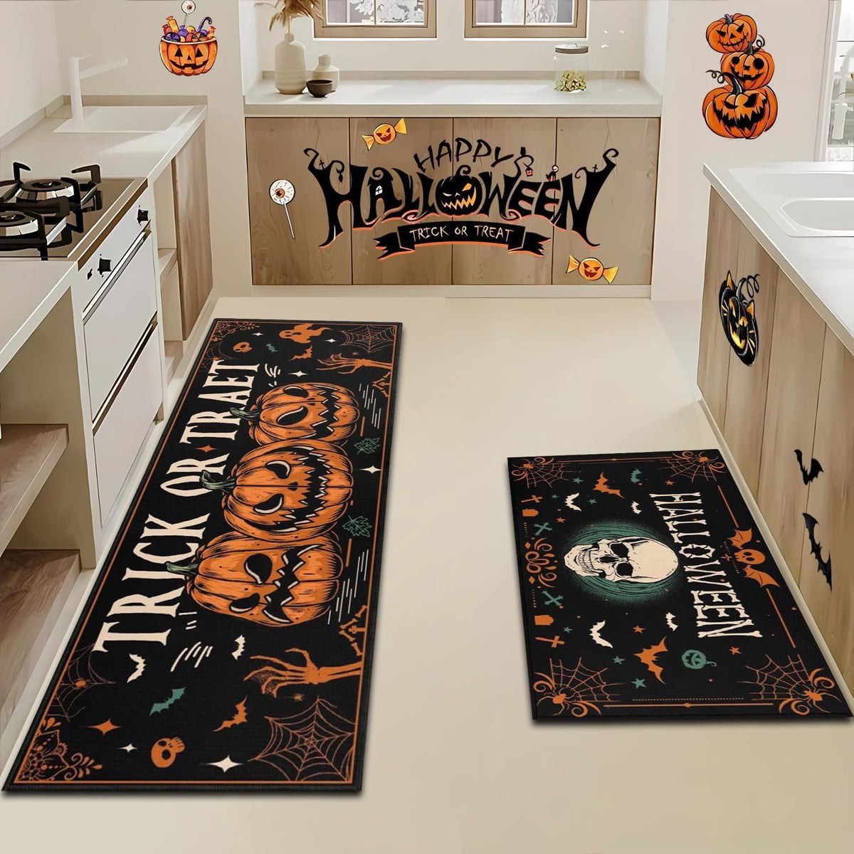 Halloween Kitchen Rugs and Mats Ghost Pumpkin Non Slip Washable Kitchen Mats for Floor Vintage Skull Home Door Mat Sets of 2 Decorations 17"x30"+17"x47"