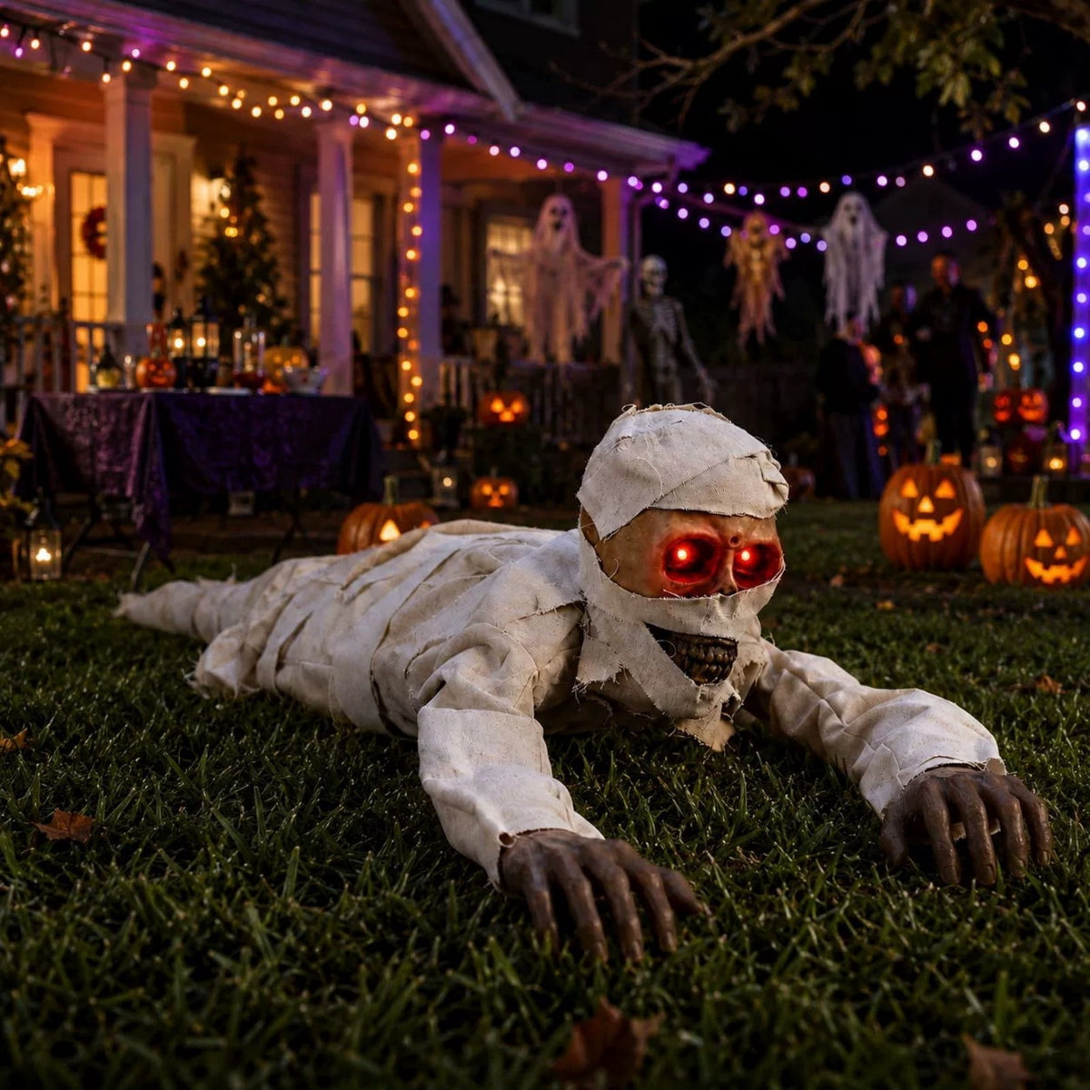 Halloween Crawling Mummy Prop, Voice Activated Animated Mummy Decoration with Red Glowing Eyes and Scary Sounds for Haunted House Yard Party Decor