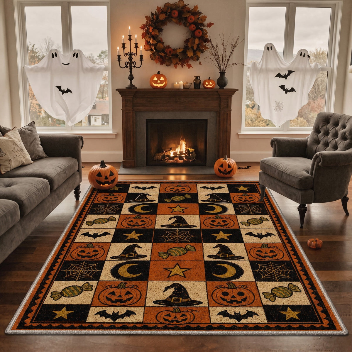 GENIMO 2'x3' Halloween Doormat, Washable Non Slip Soft Gothic Castle Outdoor Door Mat for Front Door Covered Porch Patio Entryway, Antique Gold