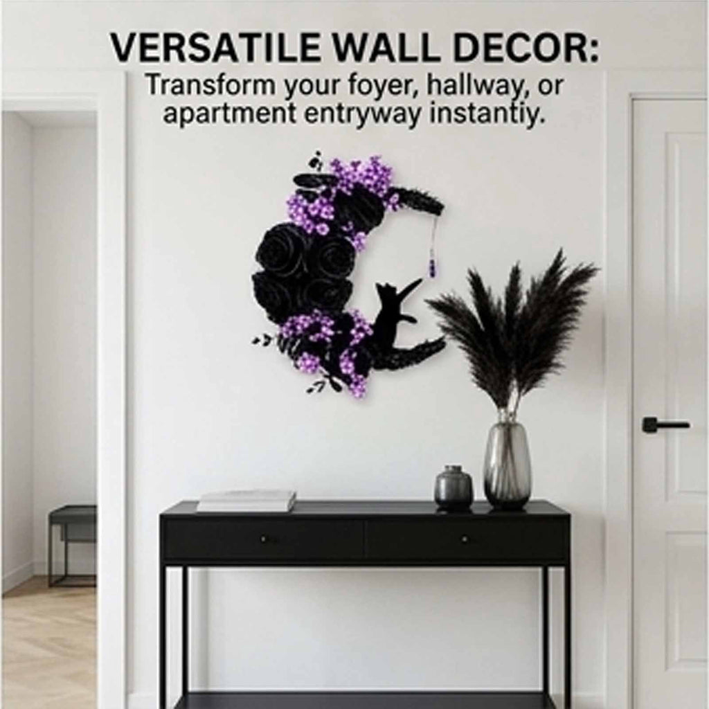 Magical Halloween Moon Cat Wreath Light up Door Crescent Floral Spooky Ruffled Fabric Porch Entryway Home Decor Wreaths Gothic Black Rose Elegant Hanging Decorations for Front Door