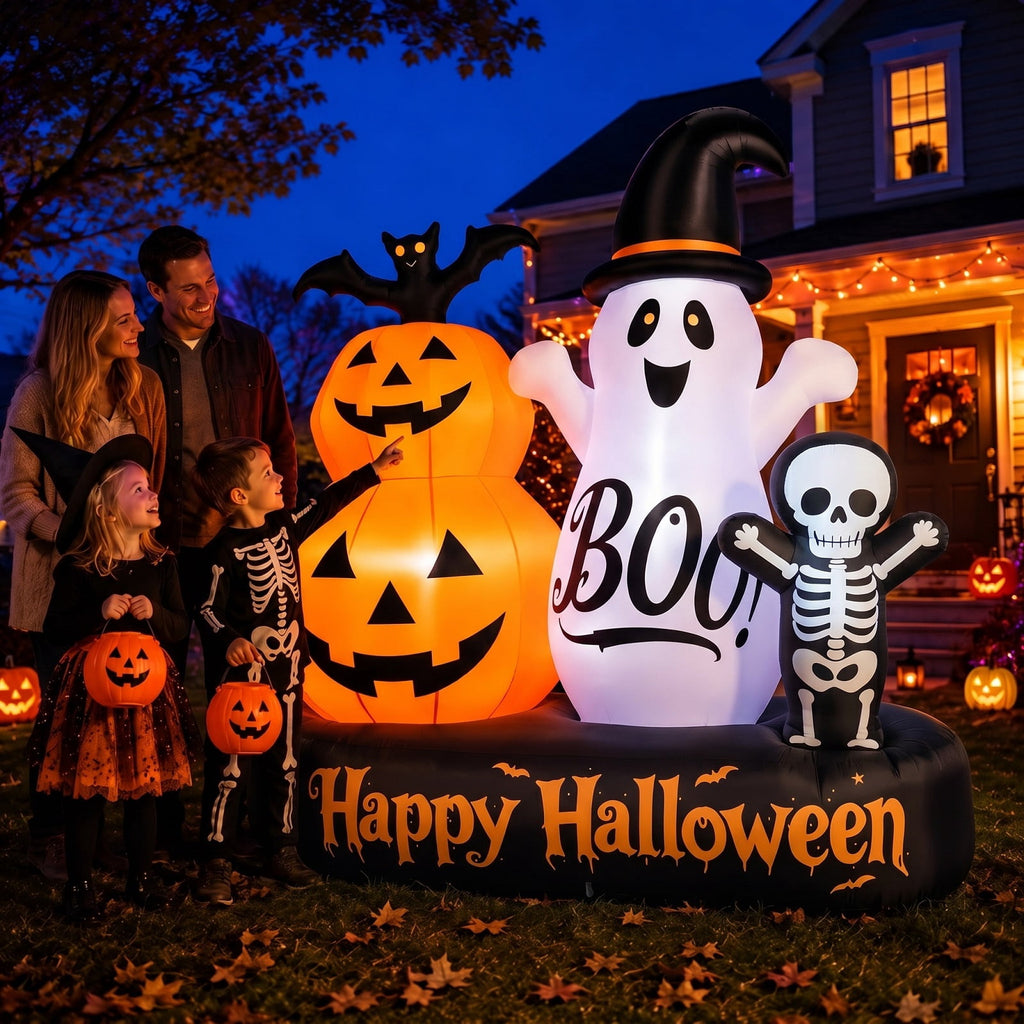 6ft Halloween Inflatable Outdoor Decorations, Lighted Pumpkin Ghost Skeleton with Bat, Built-in LED Lights, Blow Up Halloween Yard Decoration for Lawn, Porch & Party
