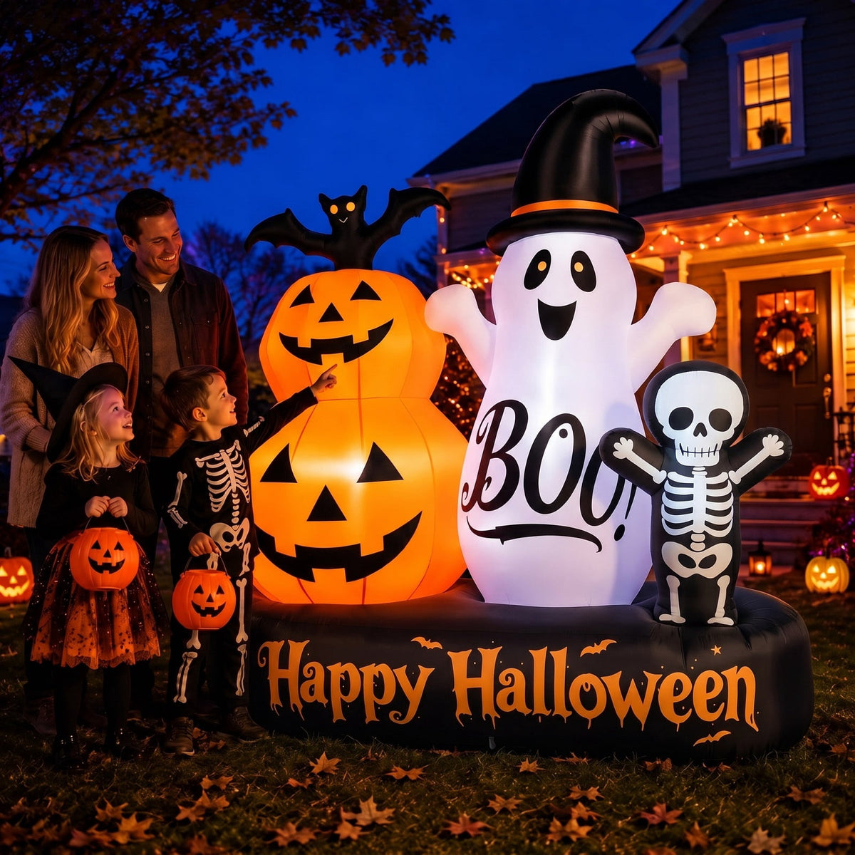6ft Halloween Inflatable Outdoor Decorations, Lighted Pumpkin Ghost Skeleton with Bat, Built-in LED Lights, Blow Up Halloween Yard Decoration for Lawn, Porch & Party