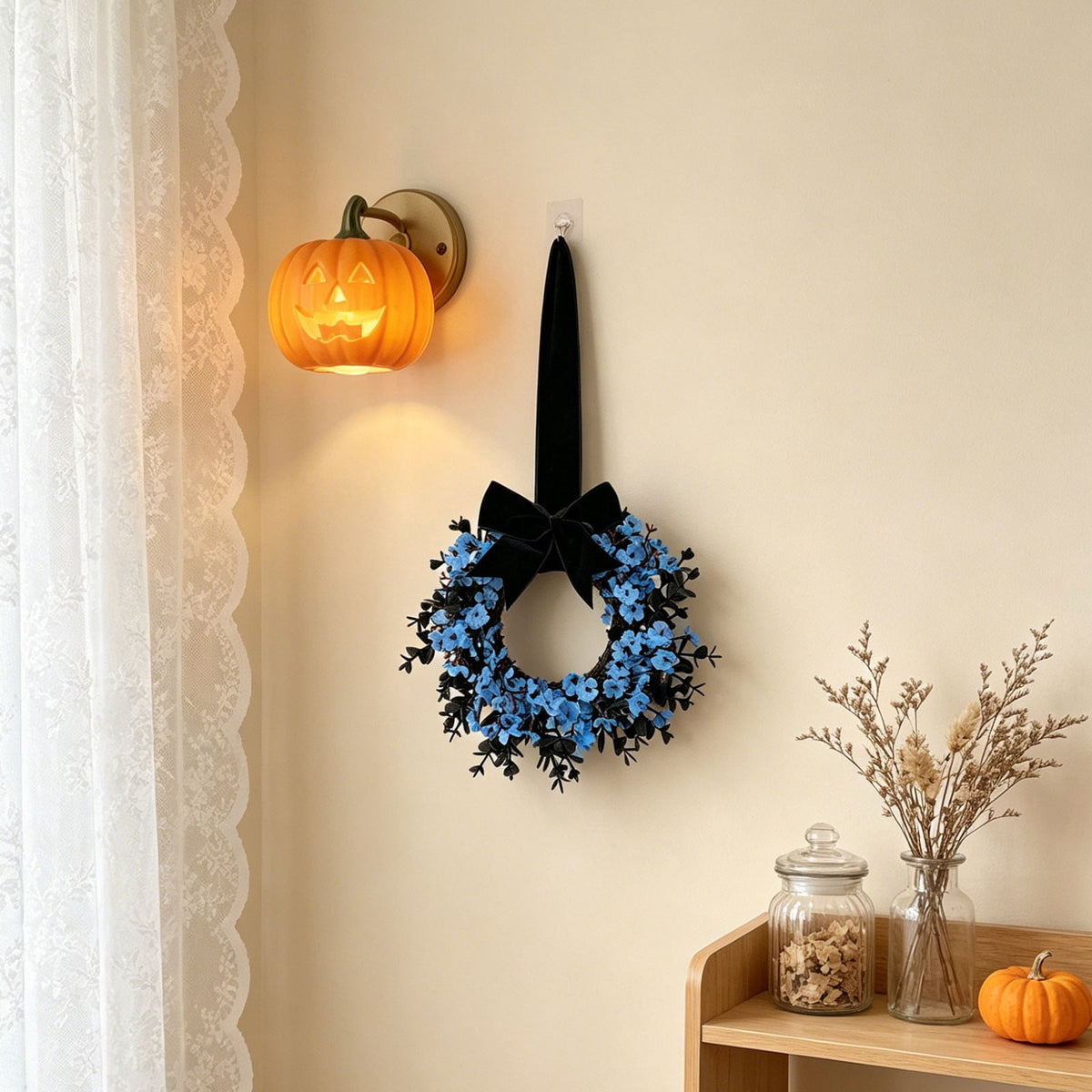 FXMLRLK 1 Pack Halloween Cabinet Wreaths with Ribbon Bows Artificial Flowers Kitchen Wreath for Window Front Door Farmhouse Wall Halloween Decorations, Blue