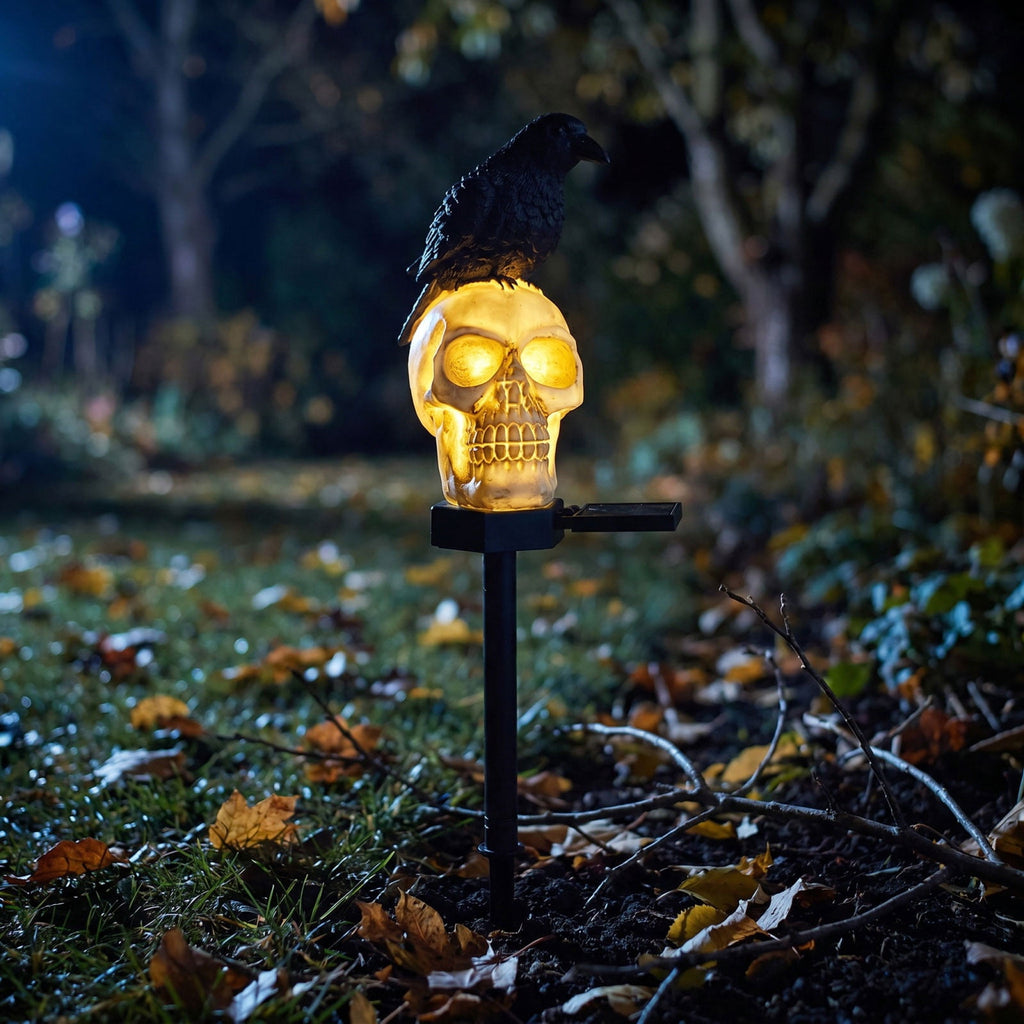 Homellea Solar Halloween Skull Raven Stake Light, 18.5 Inch Resin Skeleton Head Garden Lamp with Crow Accent for Yard, Pathway, Lawn, Planter, Graveyard Scene and Spooky Party Decor