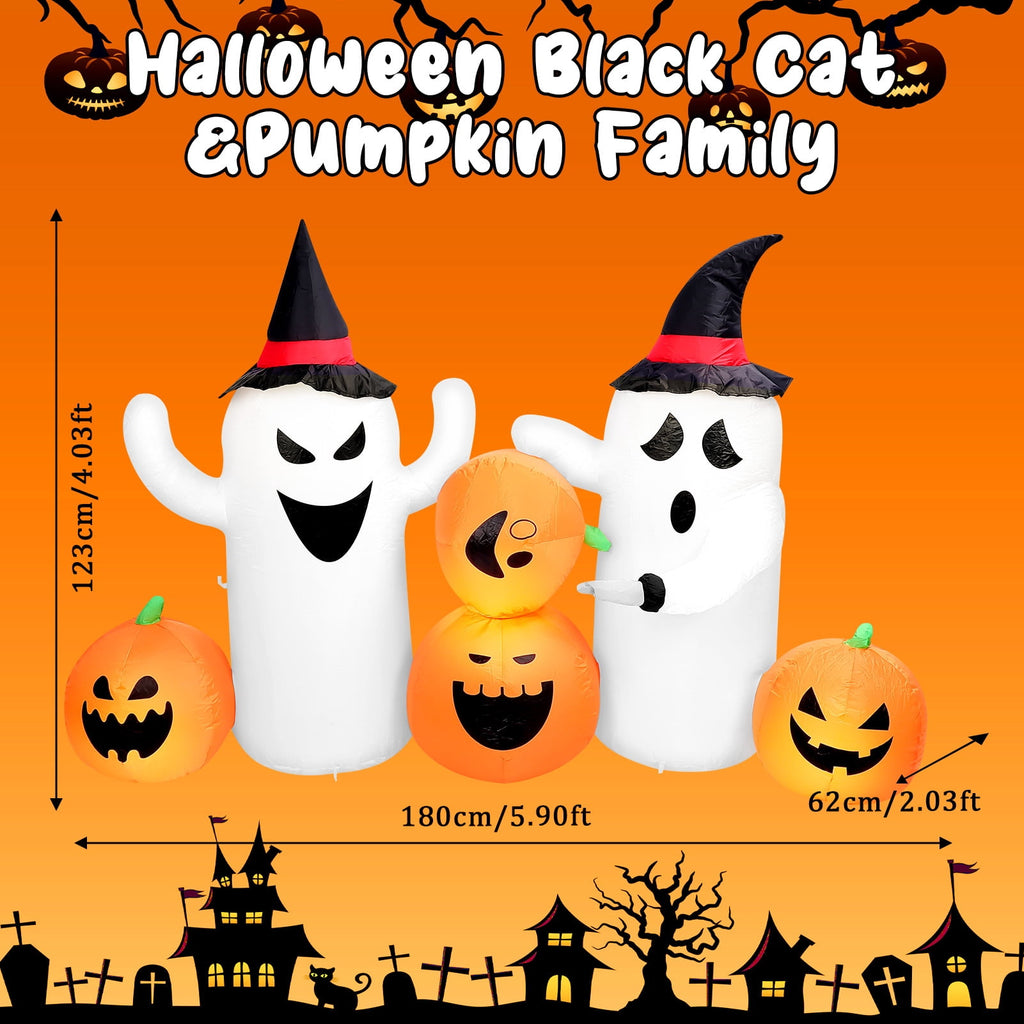 Halloween Inflatables Outdoor, 8FT Long Cute & Lighted Blow Up Decoration Pumpkin Family with Witch Hat, Large Halloween Inflatables Decorations with Lights for Yard, Holiday, Home