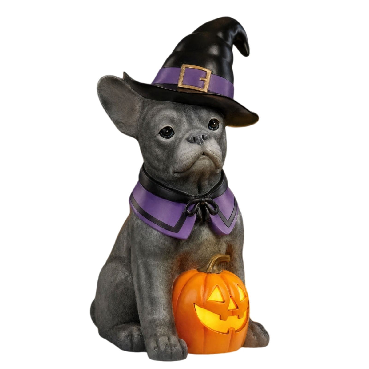Clearance! Halloween Light‑Up Dog Figurine, 7.9in Scarecrow Dog Statue with Glowing Pumpkin, Waterproof Resin Table Yard Decor