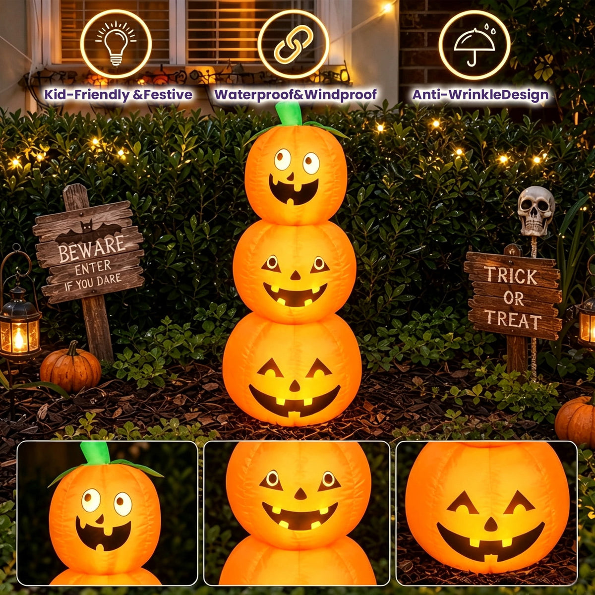 Halloween Inflatables Outdoor, 8FT Long Cute & Lighted Blow Up Decoration Pumpkin Family with Witch Hat, Large Halloween Inflatables Decorations with Lights for Yard, Holiday, Home
