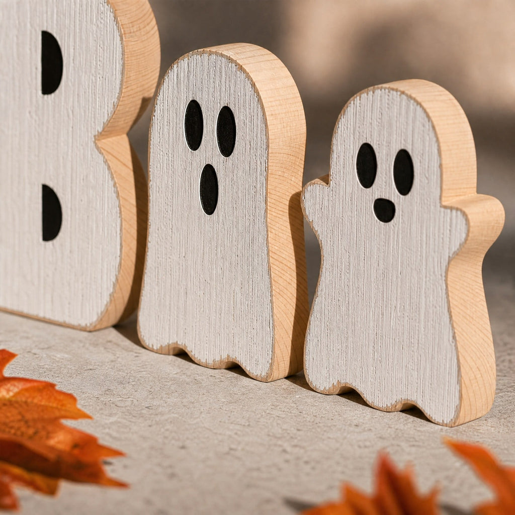 Miwamany 3 Pack Spooky Cute Ghost Wooden Figurine Set, Freestanding Lightweight Tabletop Ornament, Reusable Festival Decor for Home Kitchen Office Tiered Tray Halloween Centerpiece