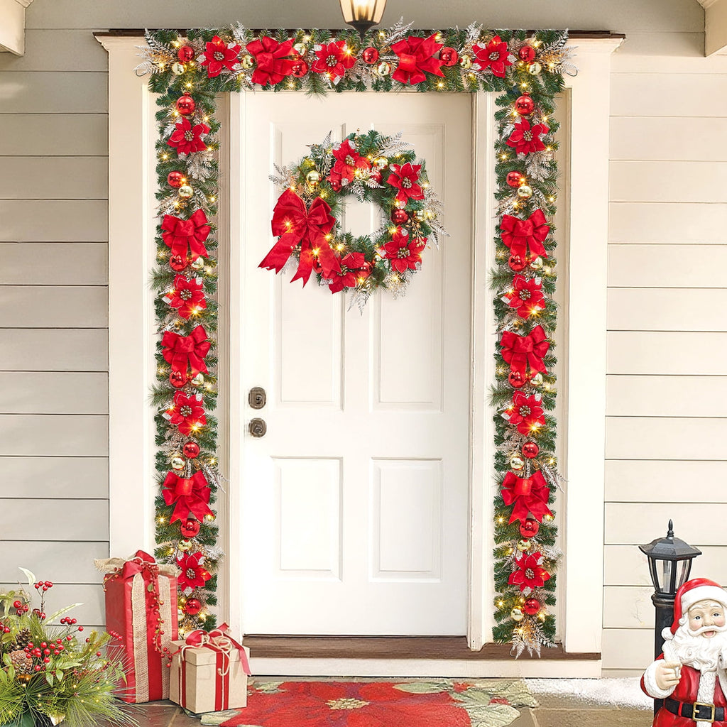 JoanKaren 24 inch Large Christmas Wreath Silver White with 20 LED Lights,Prelit Xmas Wreath w/ Ball Ornaments Pine Cone
