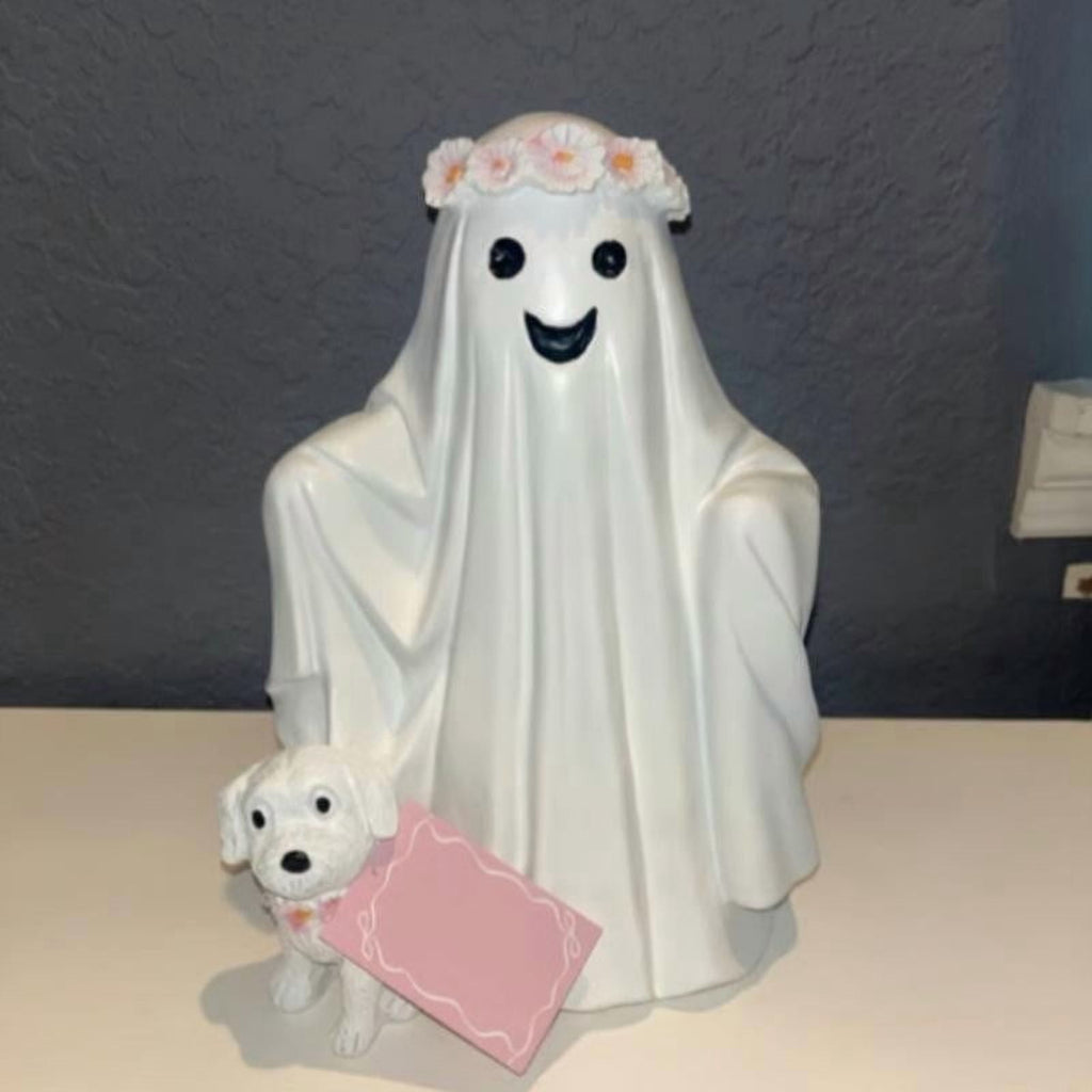 Halloween Ghost Figurine, Ghost Girl with Pink Bow & Hot Drink, Funny Ghost Statue Halloween Decor for Gift, Cute Spooky Tabletop Ornament for Home, Mantle, Desk & Party Decoration
