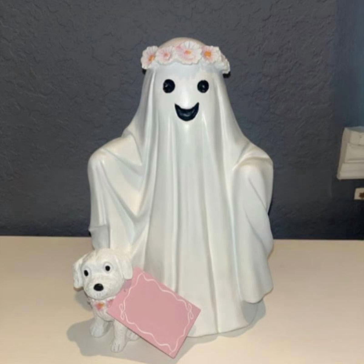 Halloween Ghost Figurine, Ghost Girl with Pink Bow & Hot Drink, Funny Ghost Statue Halloween Decor for Gift, Cute Spooky Tabletop Ornament for Home, Mantle, Desk & Party Decoration