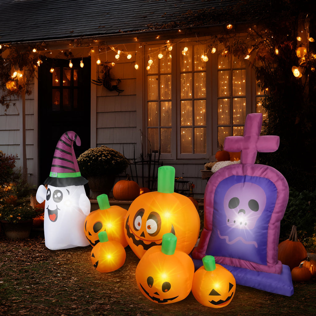 MAGOTAN 8 ft Halloween Inflatable Pumpkin Halloween Inflatable Pumpkins Ghost Tombstone Outdoor Yard Decoration Build-in 7 LED White Lights