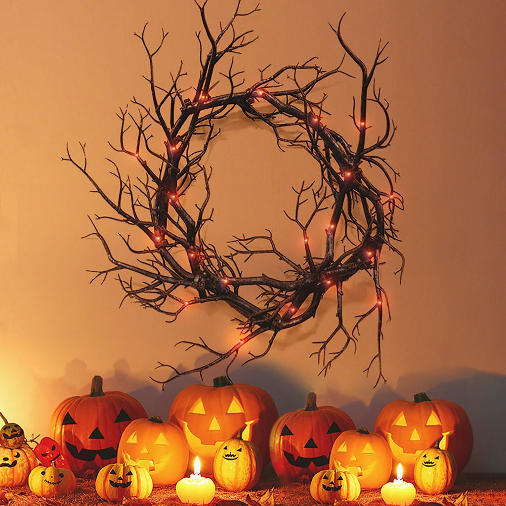 ZTTD Halloween Black Branch Wreath Signs for Front Door with Red Lights,Handcrafted Halloween Horror Wreath for Indoor Outdoor Party Window Wall Decor Farmhouse Garland Yard(Black Branch-Red Lights)