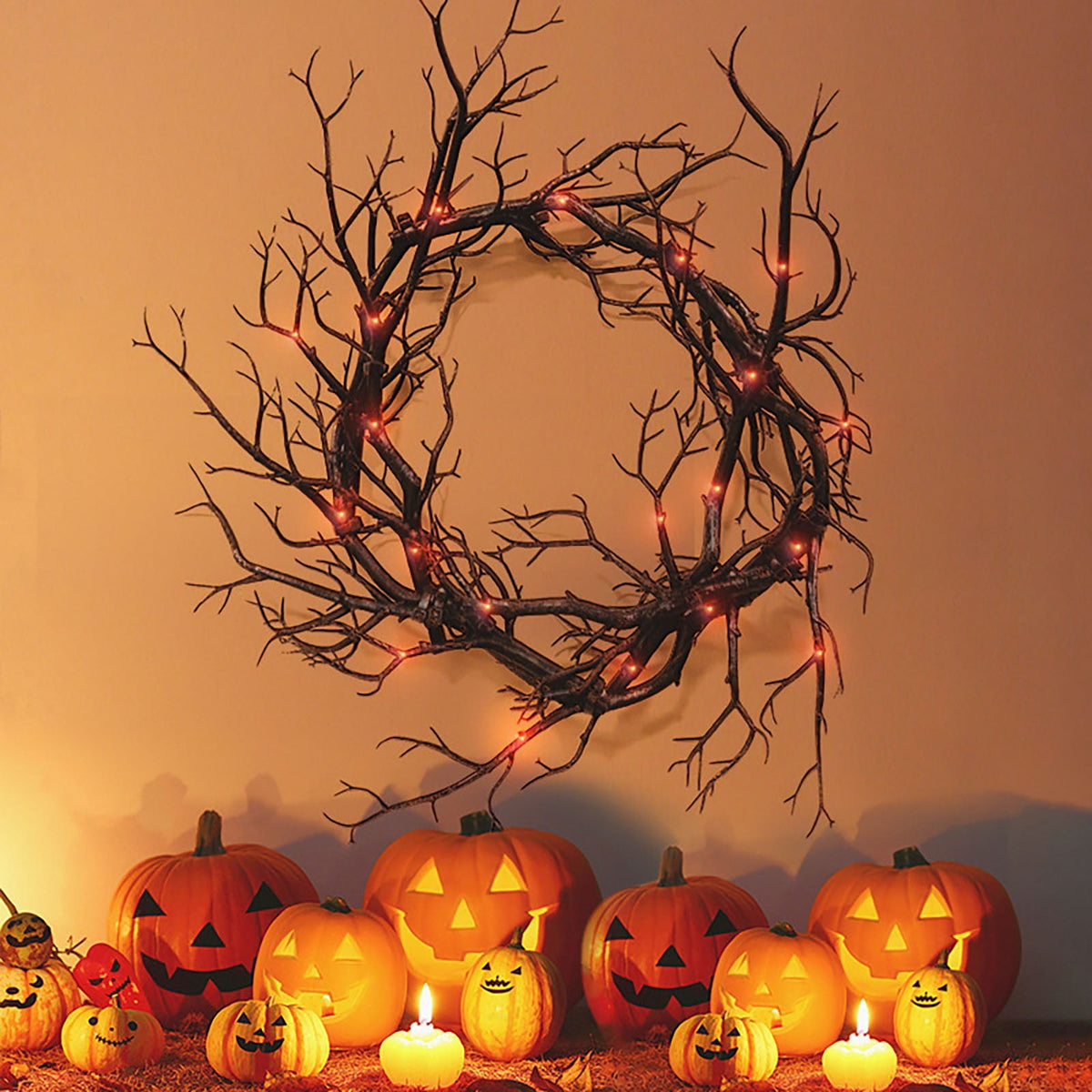 ZTTD Halloween Black Branch Wreath Signs for Front Door with Red Lights,Handcrafted Halloween Horror Wreath for Indoor Outdoor Party Window Wall Decor Farmhouse Garland Yard(Black Branch-Red Lights)