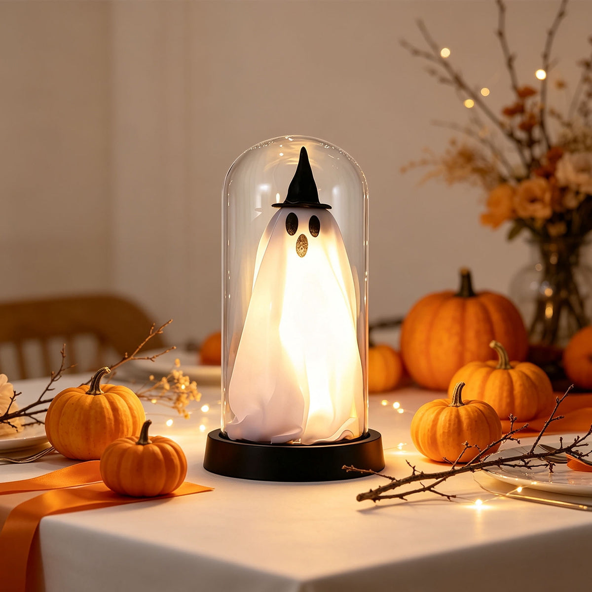Orangide Halloween Ghost Cloche Night Light Fabric Ghost Lamp with Glass Dome for Mantel Shelf Spooky Party and Home Decor Ornament