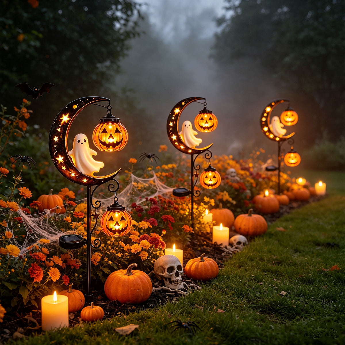 Solar Halloween Garden Stake Light, Bats & Spooky Ghosts Waterproof Solar Lantern Stake with Hanging Pumpkin, Outdoor Halloween Yard Decor for Garden Patio Lawn Pathway