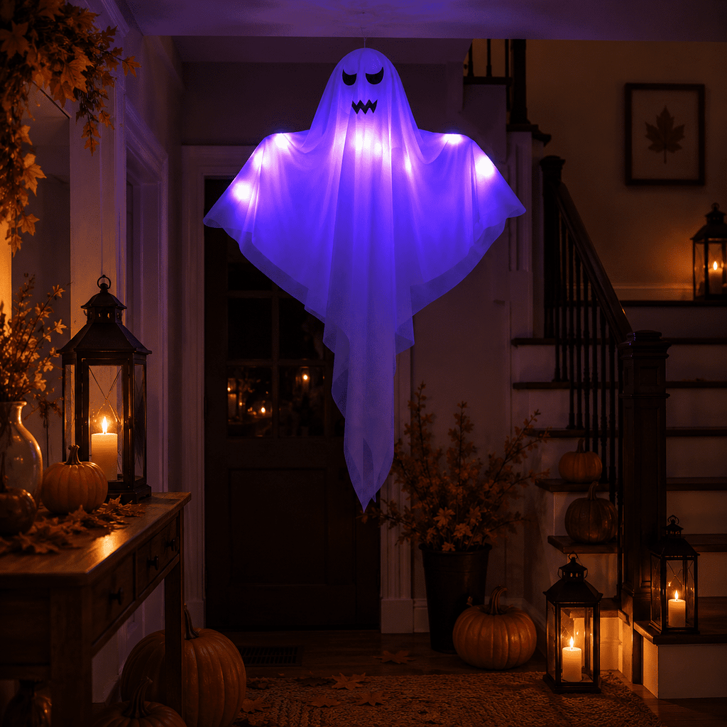 Clearance Light Up Hanging Ghost Decor, White Gauze Ghost Ornament with Blue LED Lights, Halloween Hanging Decoration for Front Door Porch Yard Tree Party Indoor Outdoor
