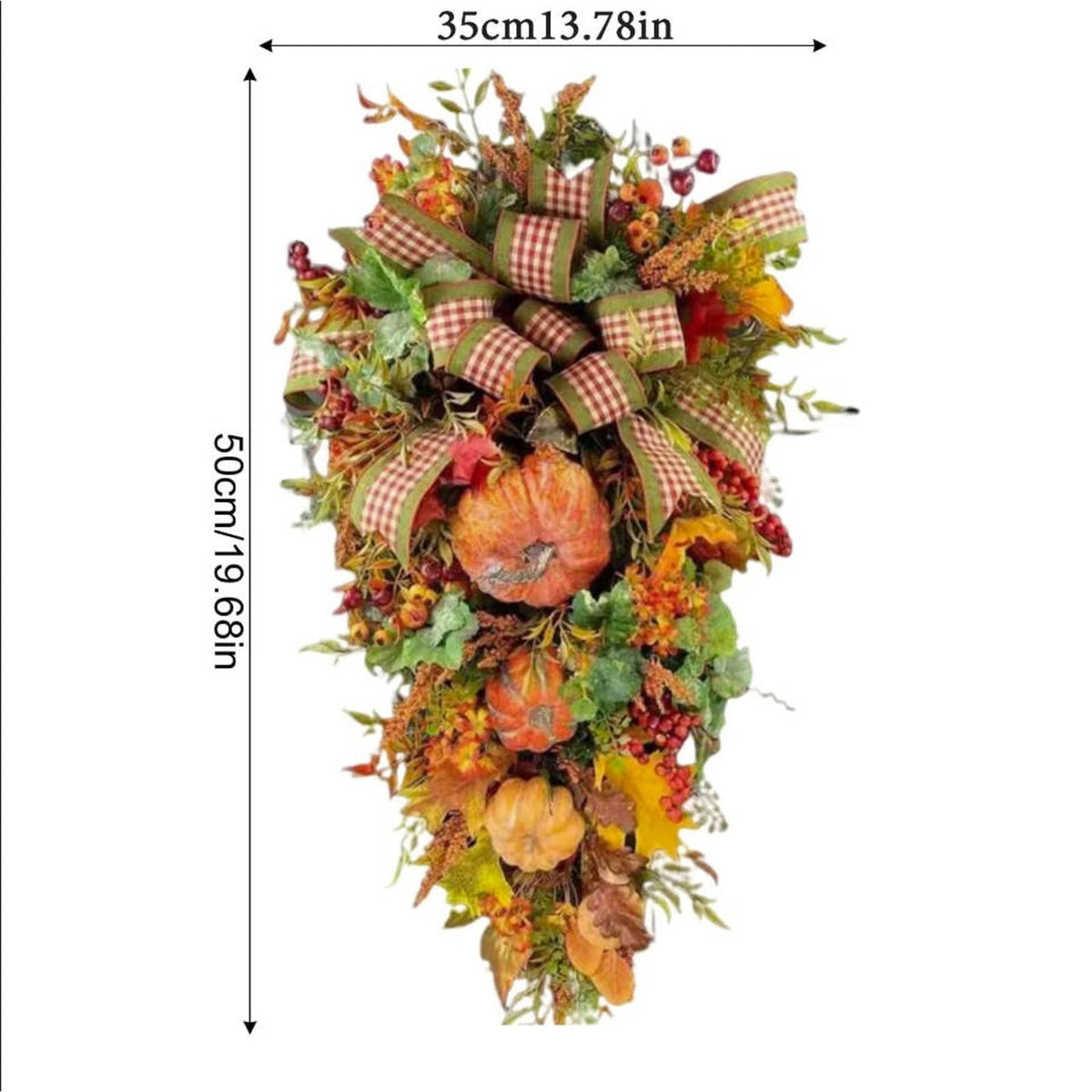 Fall Swags for Front Door with Artificial Pumpkin Maple Leaf and Berry, Harvest Teardrop Swag Wreath for Thanksgiving Halloween Decor, Farmhouse Floral Swag for Indoor Outdoor Wall Door Decorations