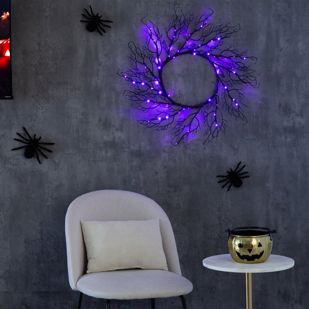 Nearly Natural 23in. Pre-Lit Halloween Black Fall Wreath with 60 Orange and Purple LED Lights