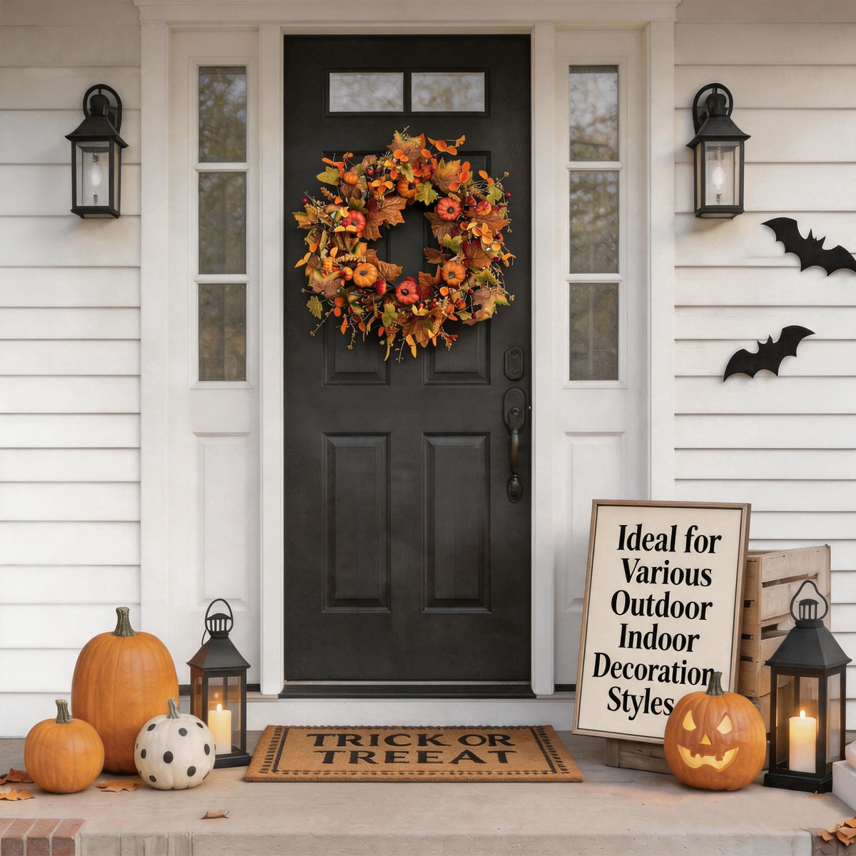 Fall Wreath Pumpkin Wreath for Front Door with Maple Leaves Harvest Wreath for Door Window Porch Thanksgiving Halloween Decor