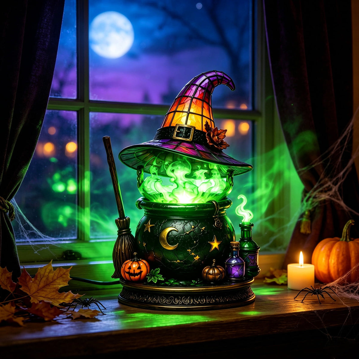Halloween Lighted Witch Cauldron Decor Lamp, Stained Glass Witch Hat Magic Pot Night Light with Pumpkin & Potion Bottle Details, Spooky Vintage Tabletop Ornament for Mantel Living Room Party