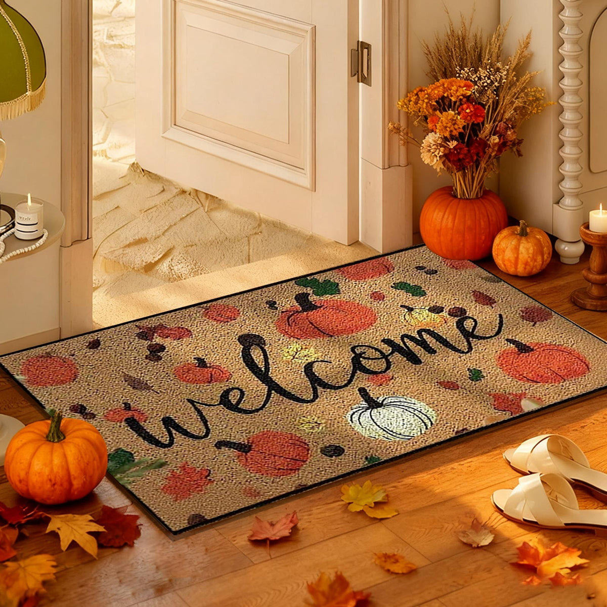 JoyMoreHome Fall Welcome Doormat, Fall Leaves Front Door Mat, Indoor Outdoor Entrance Floor Mats, Non-Slip Washable Thanksgiving Halloween Home Decor Mat