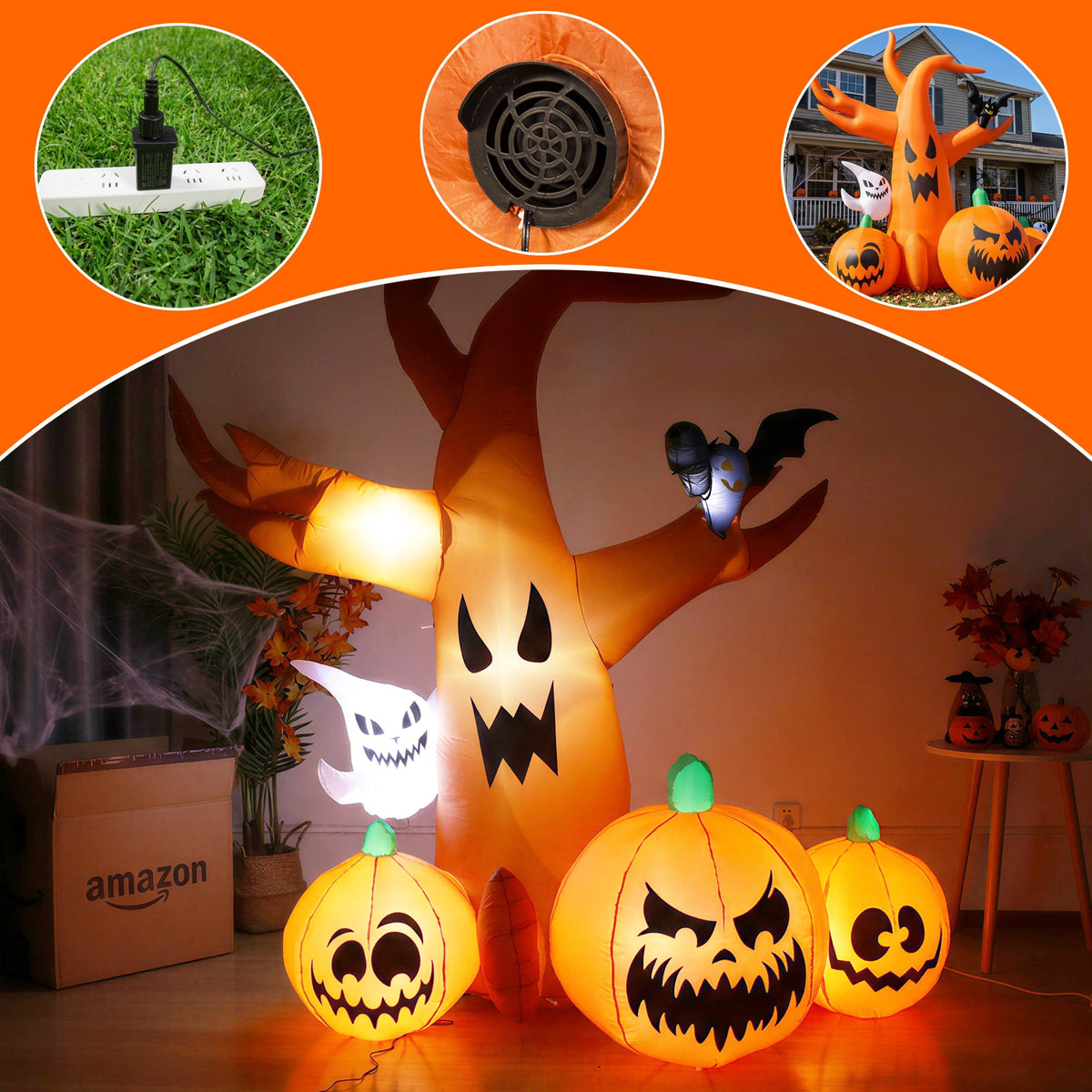 MAGOTAN 8 ft Halloween Inflatable Pumpkin Halloween Inflatable Pumpkins Ghost Tombstone Outdoor Yard Decoration Build-in 7 LED White Lights