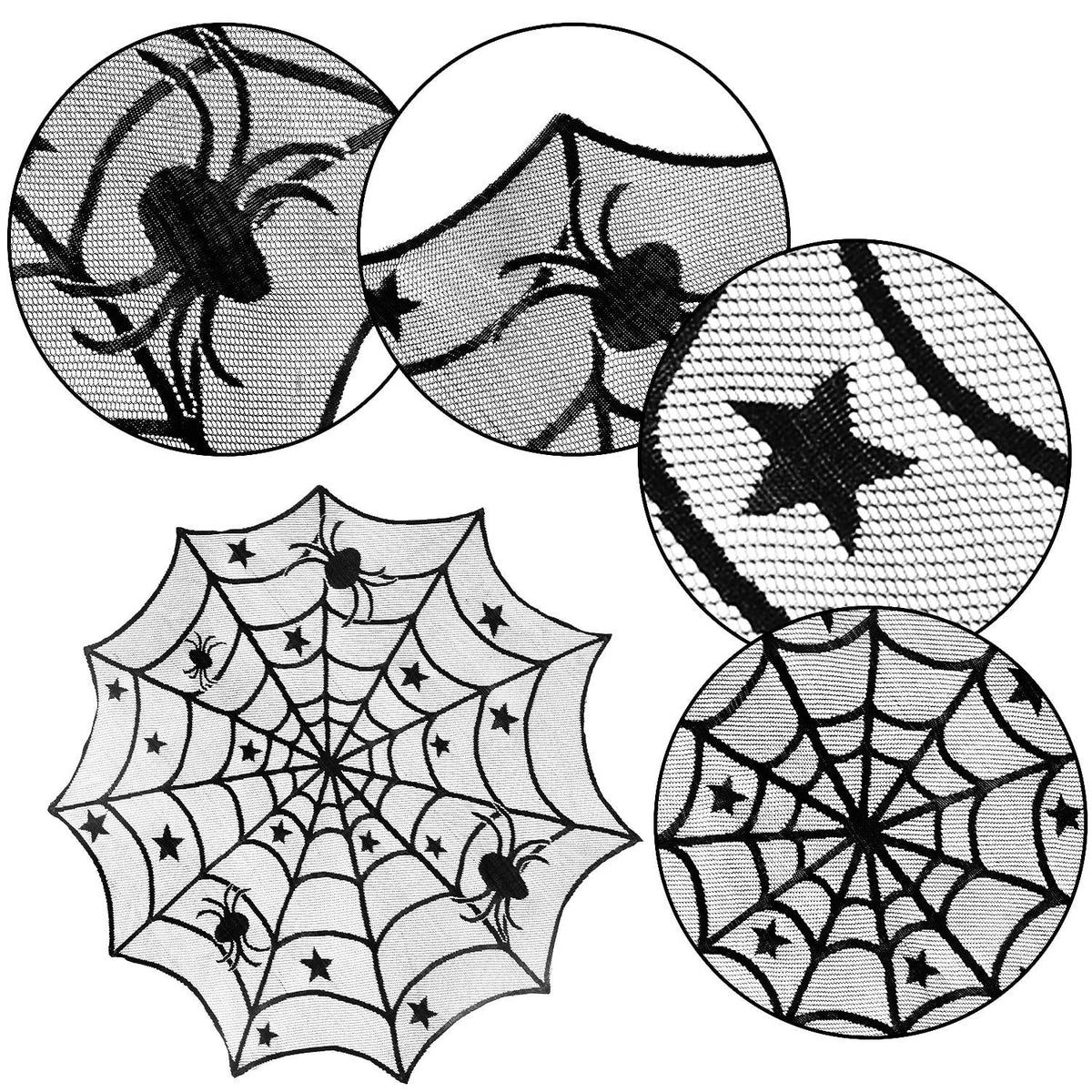 Round Lace Table Topper Black Spider Tablecloth and Fireplace Spider Decorations Lace Spiderweb Mantle Scarf Cover for Halloween Window, Dinner Party, Festival Party, Scary Movie Nights