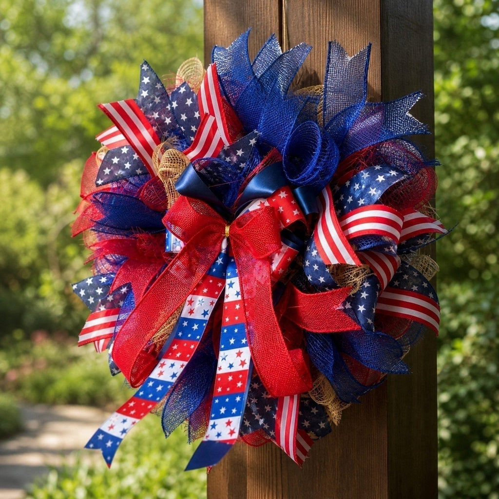 Nkmbld 4th of July Wreaths for Front Door, Independence Day Wreath Red White Blue Flower Wreath for Independence Day Memorial Day Flag Day Decor