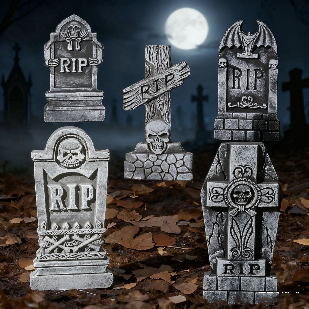 Joyfy 5 Pack Halloween Tombstone Outdoor Decorations,17 Inch Foam RIP Cemetery Headstone Decoration and 12 Halloween Yard Lawn Decoration Metal Stakes