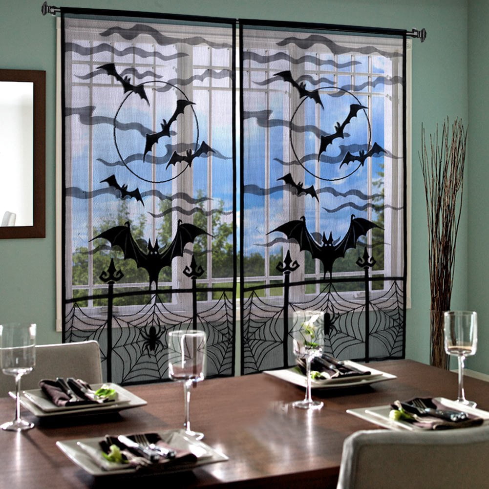 Coolmade 2pcs Black Halloween Lace Window Curtain, Spider Web Bats Door Curtain Panel Decor for Spooky Halloween Holiday Party Decoration, 40 x 84 Inch