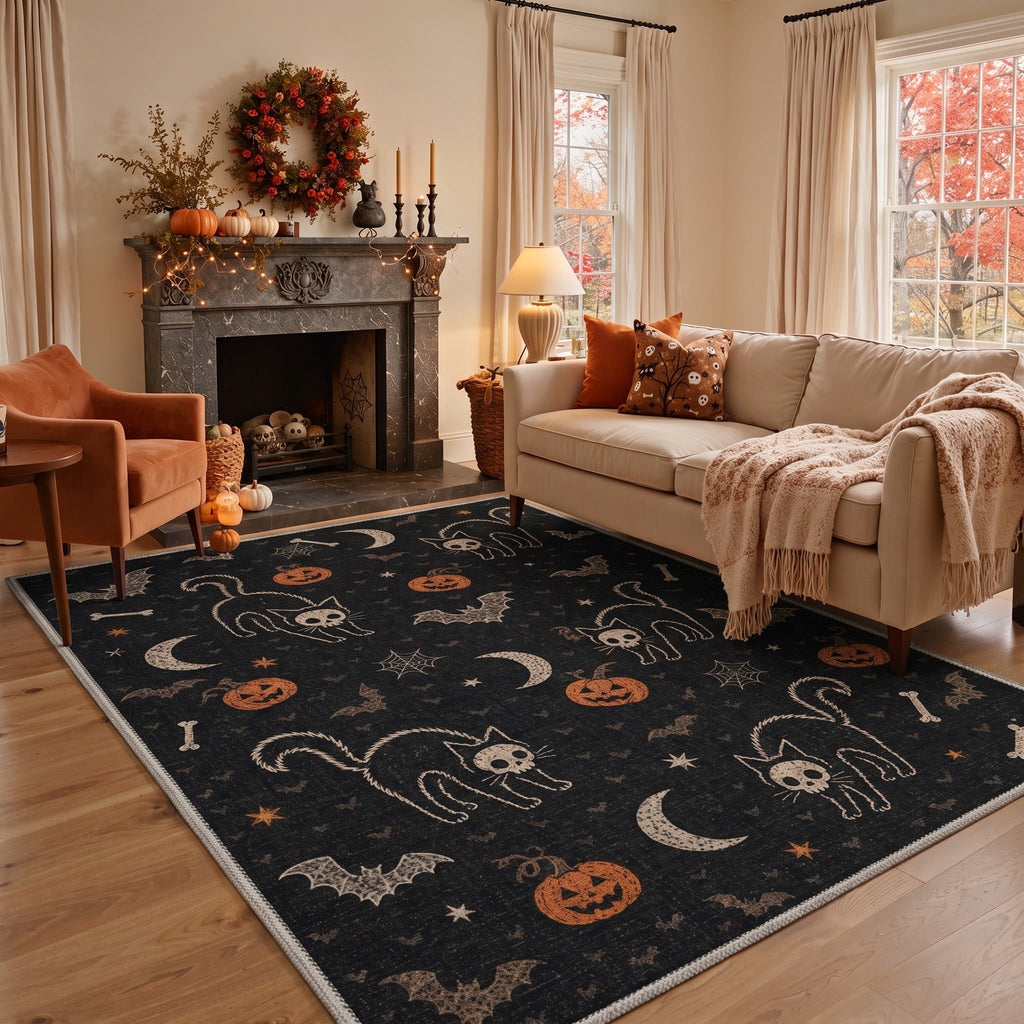 GENIMO 5'x7' Halloween Area Rug for Living Room, Washable Non Slip Soft Vintage Pumpkin Indoor Rug for Bedroom Dining Room Home Office, Antique Moss